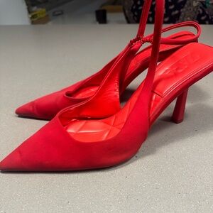 Red high heels with ankle strap #redhotshoes